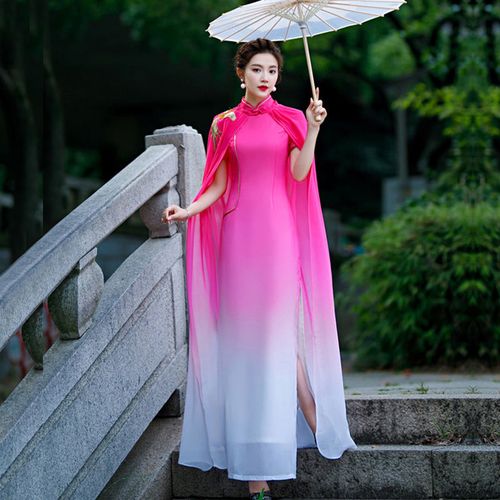 中国风走秀旗袍长款高档优雅古筝扇子舞伞舞台表演出服装复古修身