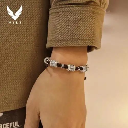 六福顺安男士编绳手链转运珠男生简单大方999纯银男款银手绳