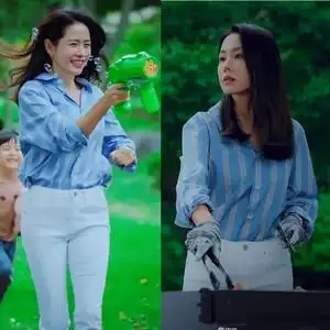 韩剧三十九孙艺珍同款蓝色条纹衬衫女ol通勤衬衣潮白色休闲牛仔裤