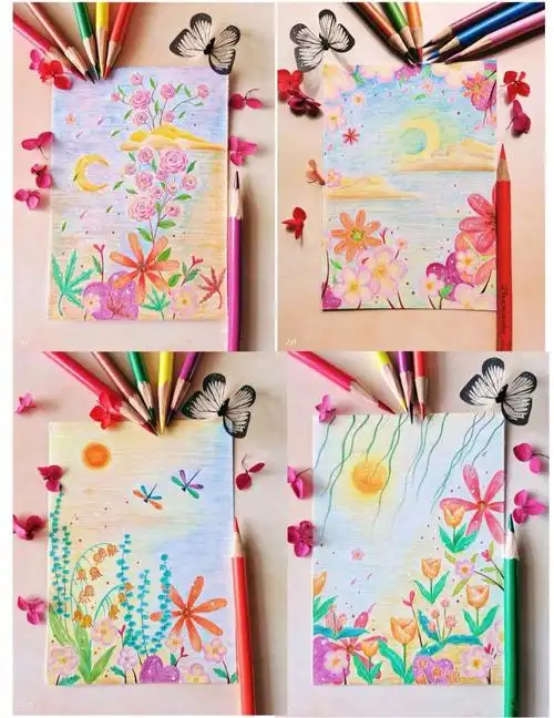 彩铅画花海系列简笔花教程