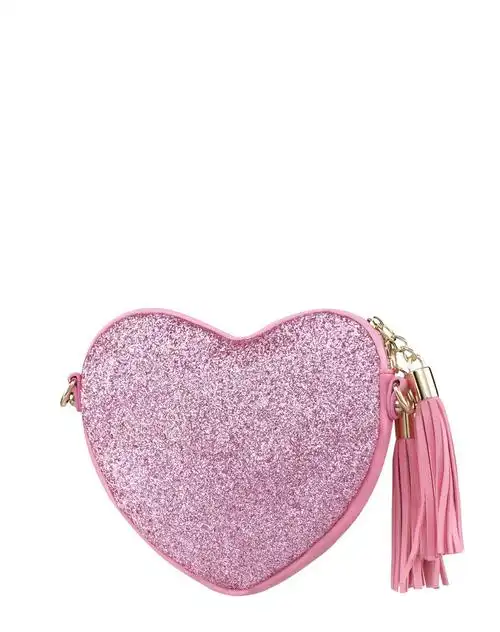 蜜桃粉色闪亮格力特流苏心形包