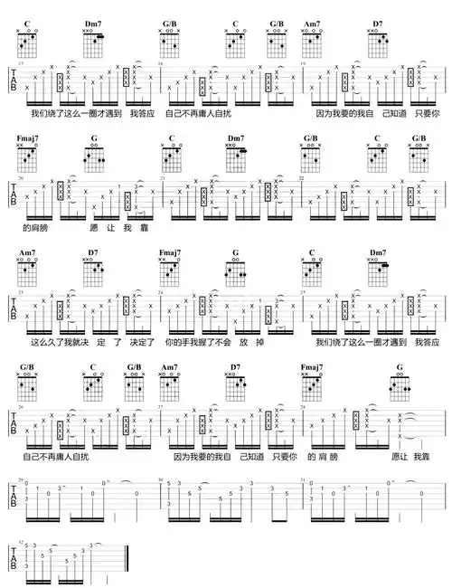 遇到吉他谱_方雅贤/颜人中_c调_吉他教学视频_恶作剧之吻插曲