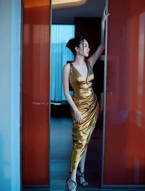 女歌星刘惜君晒新写真,身穿鎏金深v长裙,明艳照人中略带感性_照片