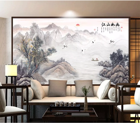 选茶家居电视背景墙壁画新中式山水画天道酬勤客厅沙发宾馆酒店水墨画