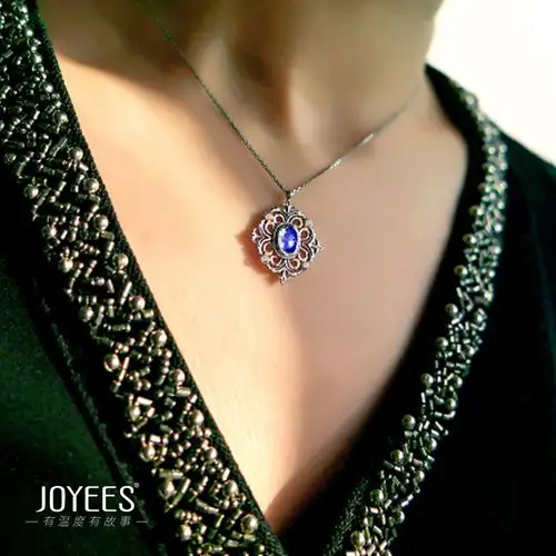 joyees伽蓝18k金蓝蓝宝石钻石吊坠项链设计原创项链