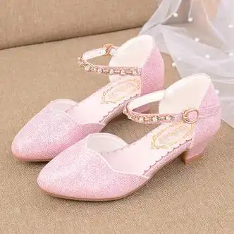 nqsq女童模特走秀鞋高跟鞋儿童公主鞋夏季粗跟水晶鞋学生模特演出鞋女