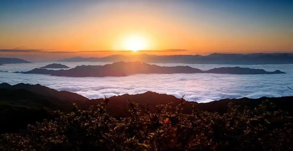 早晨太阳从东方冉冉升起,晨雾成了一条银河
