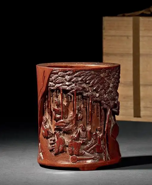 0906 清早期 竹雕竹林七贤图笔筒