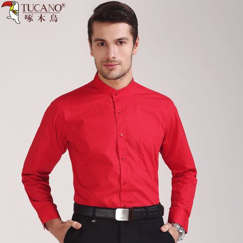 本命年大红色立领长袖衬衫男纯色中国风小圆领休闲衬衣秋装