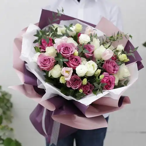 鲜花同城配送七夕情人节礼物紫玫瑰郁金香韩式混搭花束生日礼物结婚