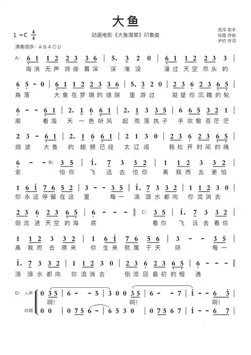 大鱼(大鱼海棠)智能简谱动画电影《大鱼海棠》印象曲-苍强曲谱
