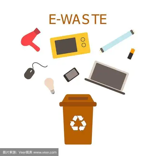 e-waste brown bin with computer mouse, microwave, hair dryer