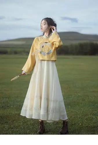 汉元素圆领补服连衣裙中国风古风仙女裙绣花仙气成人女套装现货