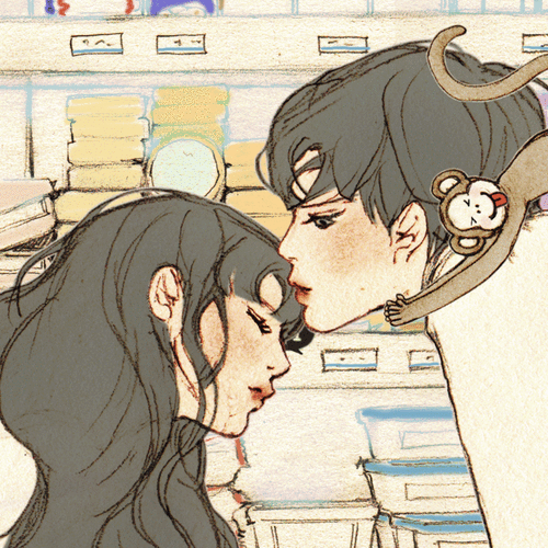 男孩女孩超市眨眼亲吻额头插画意境猴子gif动图_动态图_表情包下载