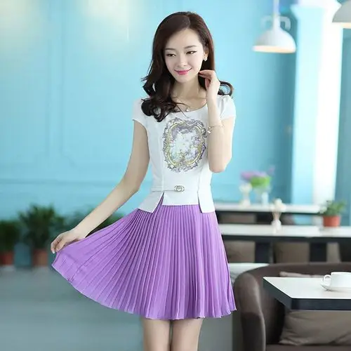 艾致倩 夏装韩版修身女装短袖雪纺拼接百褶连衣裙 淡紫 xxl 淡紫