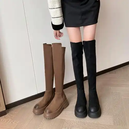 美儿小个子厚底过膝长靴女5050弹力显瘦大筒围胖mm长筒高筒靴秋