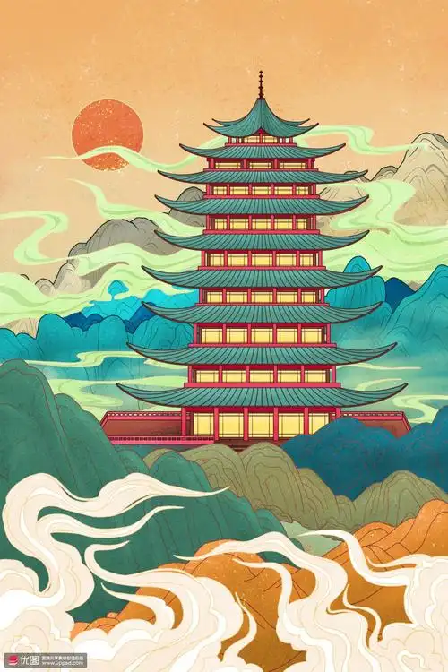 古风城市城楼风景名胜古刹古风插画