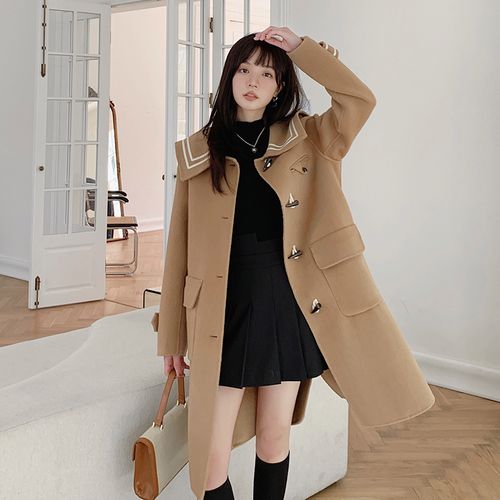 卡其色纯手工双面羊绒大衣女冬装减龄学院风海军领牛角扣毛呢外套