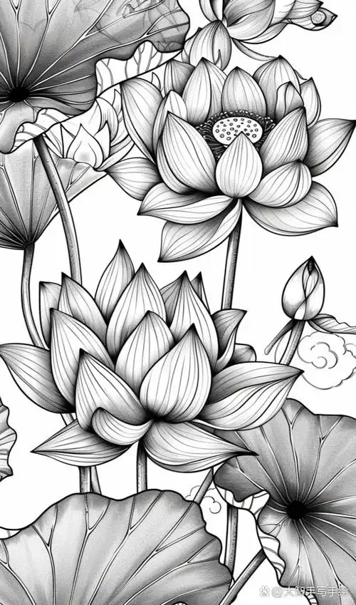 唯美版白描花卉荷花线稿大图素材库,喜欢画画可以拿起画笔临摹蚁侣