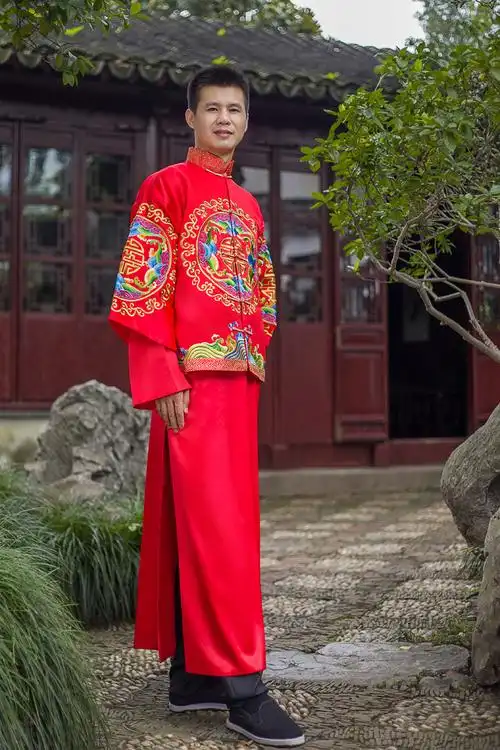 中式男装新郎秀禾服红色龙凤马褂长衫男士唐古装婚礼结婚敬酒礼服