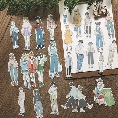 手账清新手绘女孩 街拍穿搭手帐素材人物可爱不干胶贴纸 满包邮