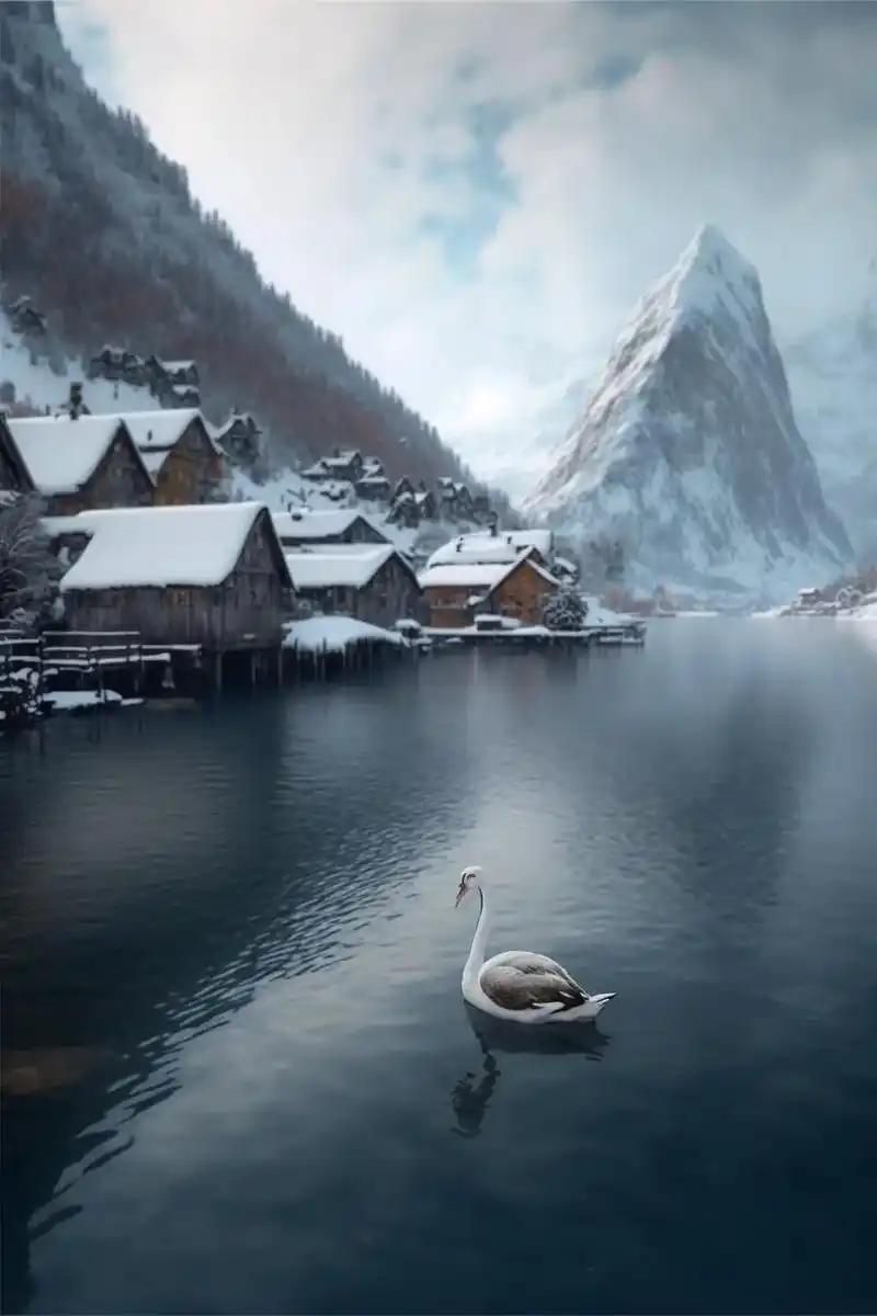 哈尔斯塔特  奥地利最美小镇   雪景  天鹅#ai绘画#图 - 抖音