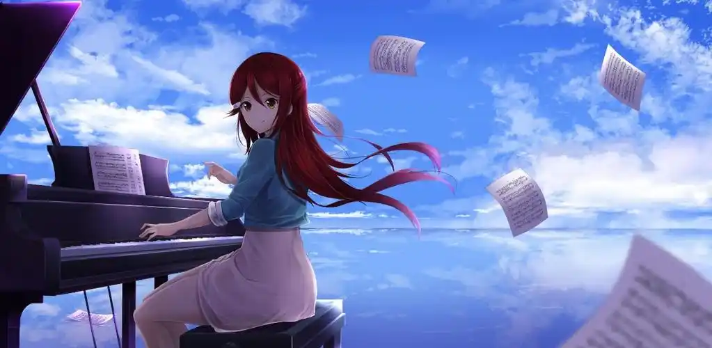 悬浮在大气层弹钢琴的动漫女孩 唯美壁纸