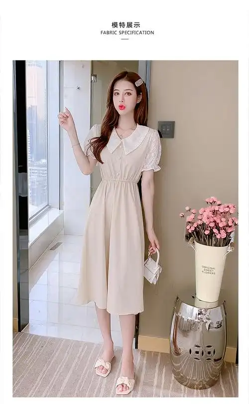 仙迪菁小个子显高裙装155矮个子女生夏季娃娃领蕾丝连衣裙子女装夏装