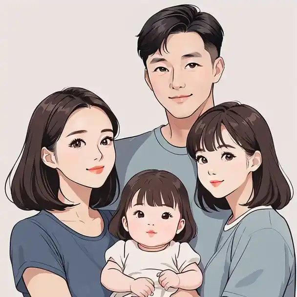 亲子头像|四口之家两个女儿手绘创意头像