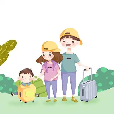 全家旅游拖旅行箱出游手绘卡通全家福原创素材新年集市买年货矢量插画