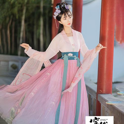 纤晟伊汉服女雪纺大袖款古装汉服齐胸襦裙唐装连衣裙汉服 桃红色齐腰