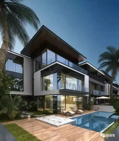 中,日,韩多种元素交融 别墅外立面采用大面积整块的落地玻璃 并且带有