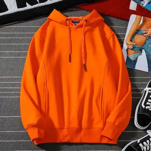 橙色卫衣男加绒薄款春秋新款潮流连帽ins超火橘色不起球套头厚款