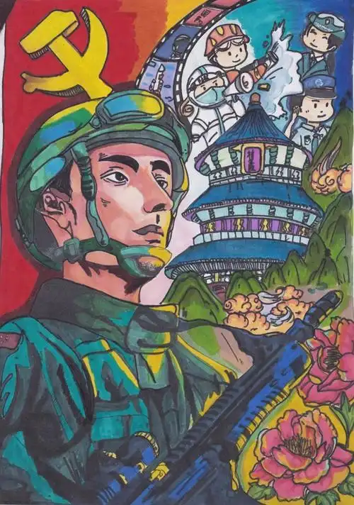 的作品展现了军人的光辉形象和学生们对中国人民解放军的拥护与热爱