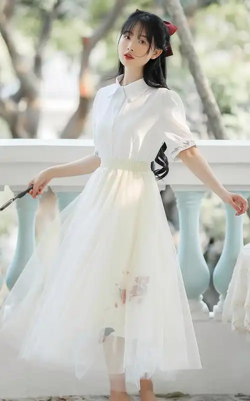 仙女13少女生14初中学生15女孩夏装甜美长裙子套装6922白衣8103杏裙两