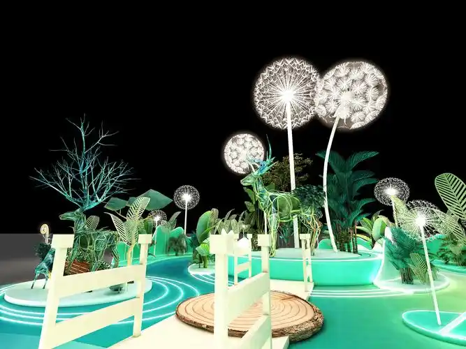 3d效果图绿色森林美陈拍照打卡区设计