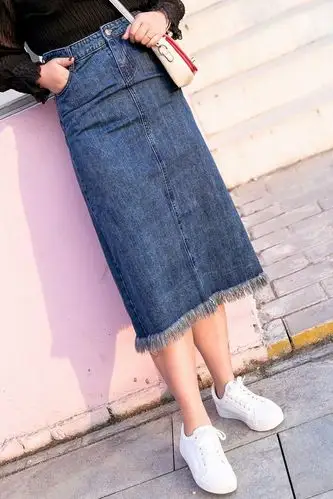 胖mm牛仔裙中长款高腰显瘦加大码流苏下摆半身裙学院风过膝一步裙