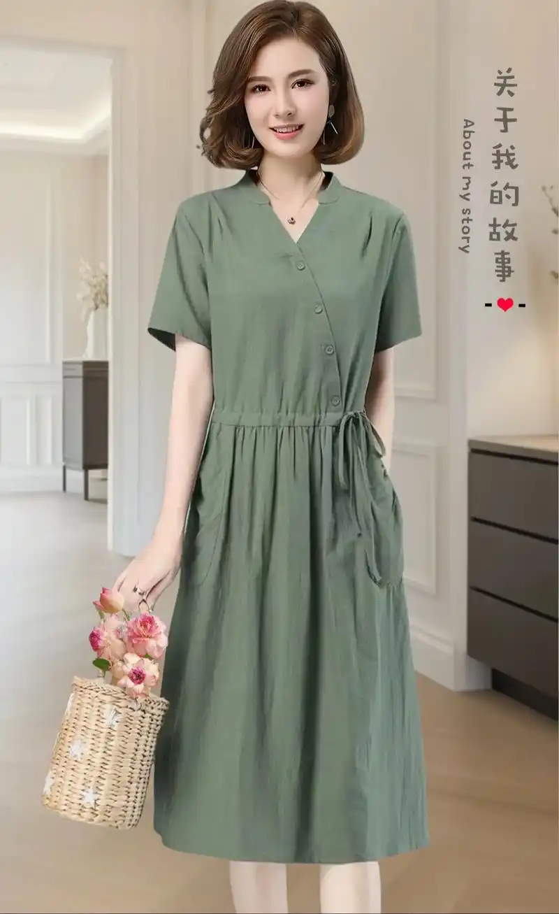 中年妈妈宽松收腰休闲v领中长裙子