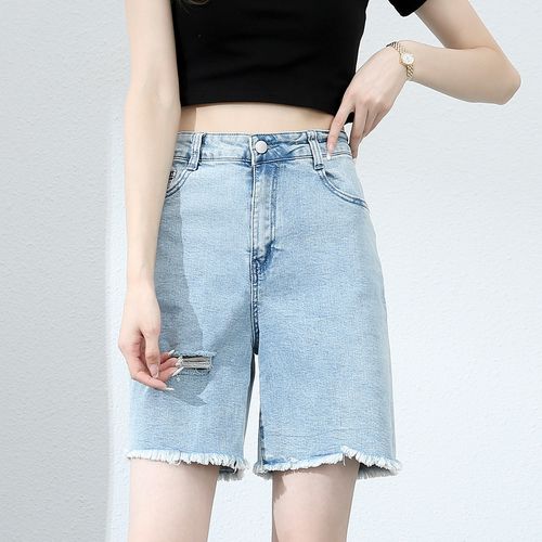 破洞设计毛边女式牛仔短裤透气女装牛仔裤简约时尚百搭潮流女裤夏