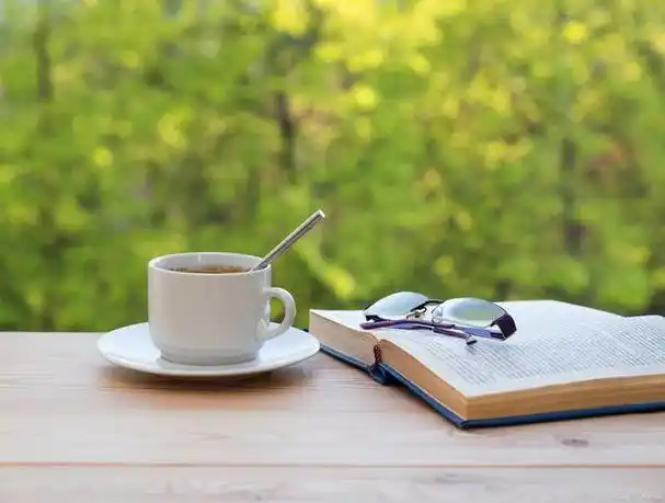 听闻一声清晨的钟声,我举起一本书,在茶香中与知己共度美好时光.