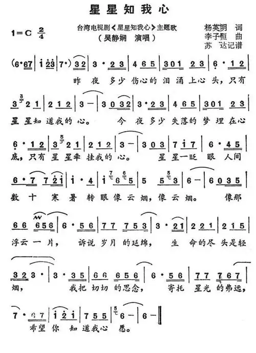 星星知我心(同名电视剧主题曲)_简谱_搜谱网