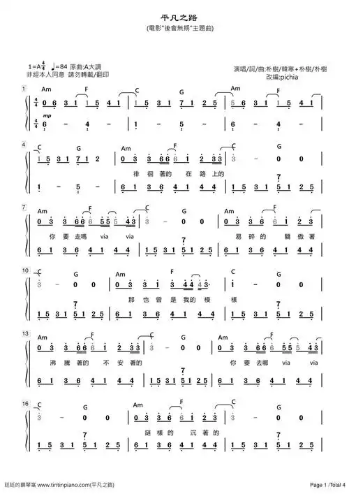 廷廷的钢琴窝 手机版 钢琴谱下载 - [简谱]-朴树 - 平凡之路(电影"后