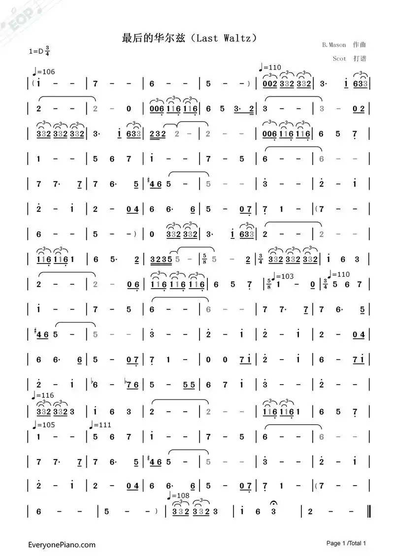 「欧美金曲」最后的华尔兹(last waltz)——动态简谱
