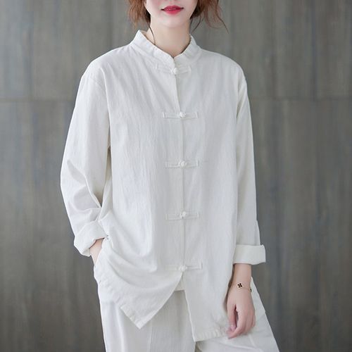 中国风棉麻衬衫女春季长袖禅意盘扣立领开衫宽松居士服上衣太极服