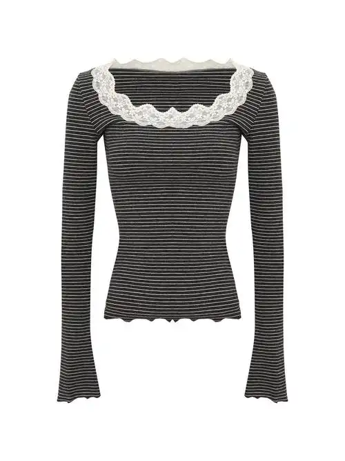羊绒条纹韩系蕾丝t恤女 秋季超好看条纹长袖内搭打底衫绝美小上衣