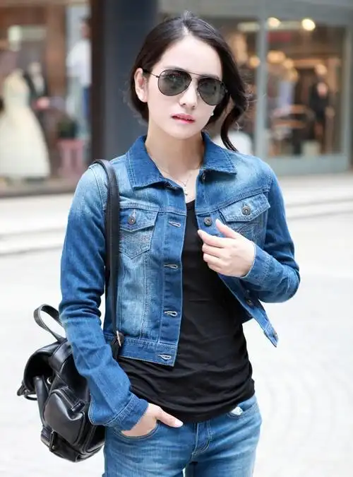 满2包快 秋装韩版修身牛仔衣外套上衣 女式翻领长袖短款牛仔外套