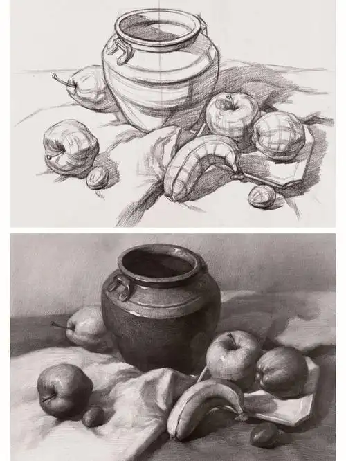 一组带罐子的静物结构素描