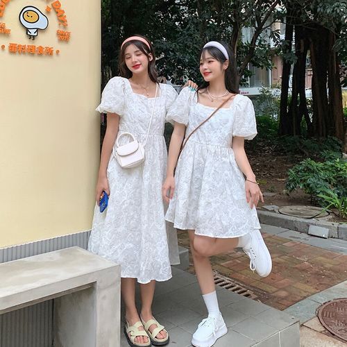bicify姐妹装闺蜜装裙子夏季连衣裙姐妹泡泡袖方领女超仙森系小众初恋