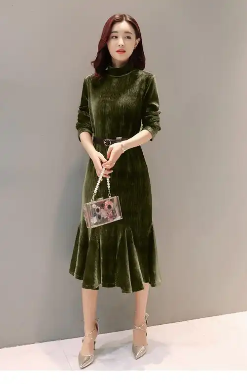 卡韵2017春装连衣裙女修身显瘦百褶春秋打底裙长款金丝绒连衣裙 灰 m