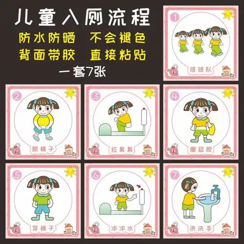 幼儿园如厕步骤图墙贴纸卫生间装饰洗手入上厕所大小便卡通示意图